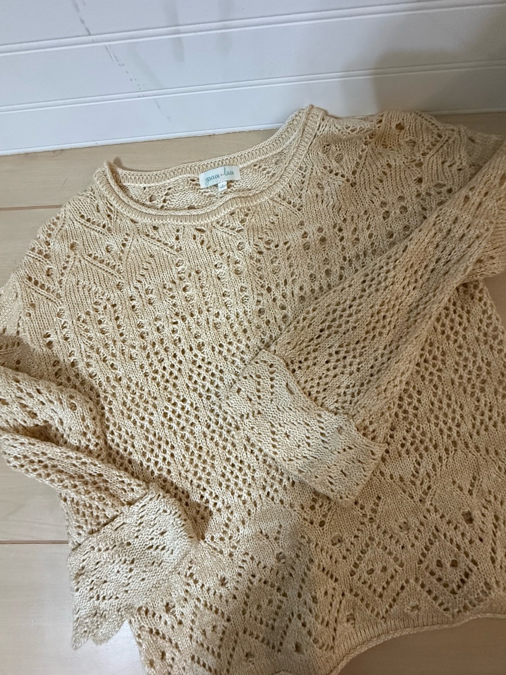Grace and Lace cream openwork knit sweater bell sleeve